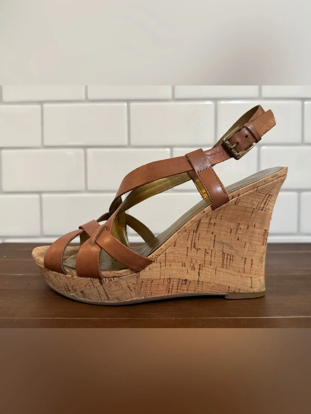 GUESS Brown Leather Crisscross Wedge Sandals